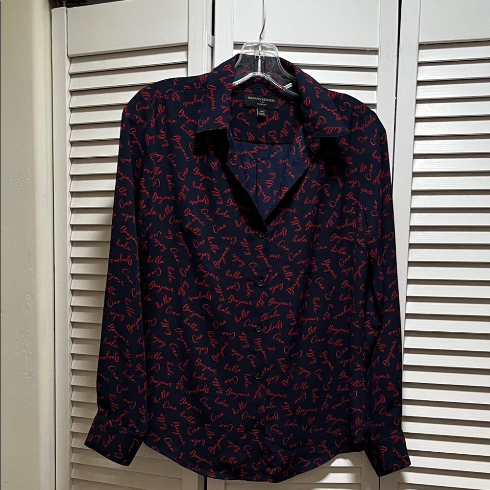 Banana Republic Navy Blouse with Red Script